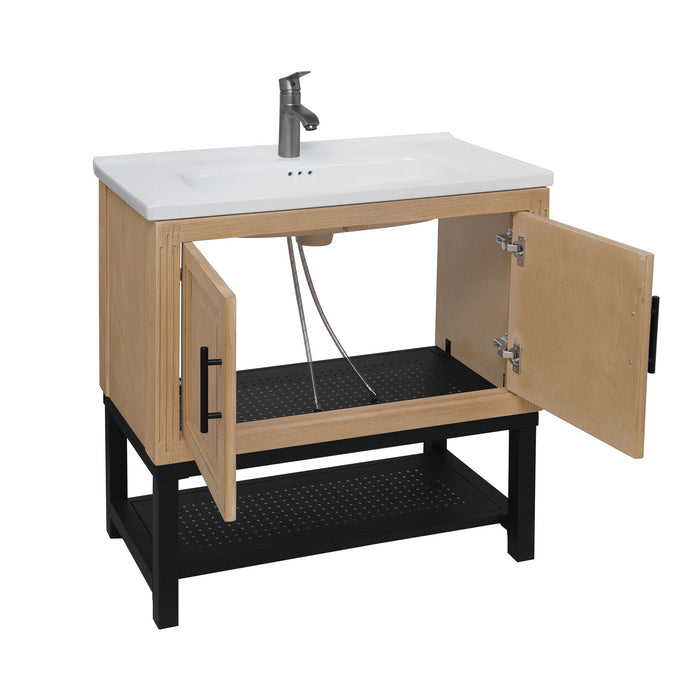 Modern Freestanding Bathroom Vanity With Ceramic Sink, Hot And Cold Faucet, Storage Cabinet & Open Shelf