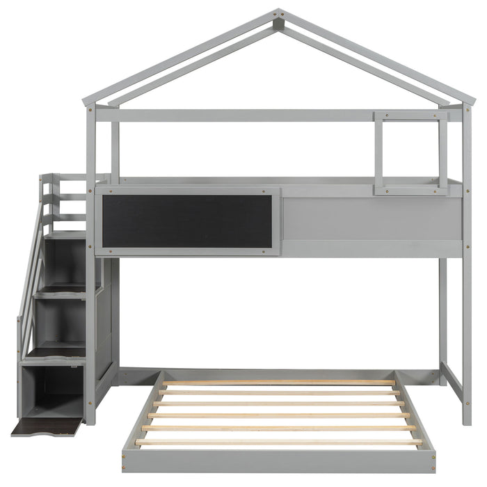 House Style Bunk Bed With Storage Staircase And Blackboard