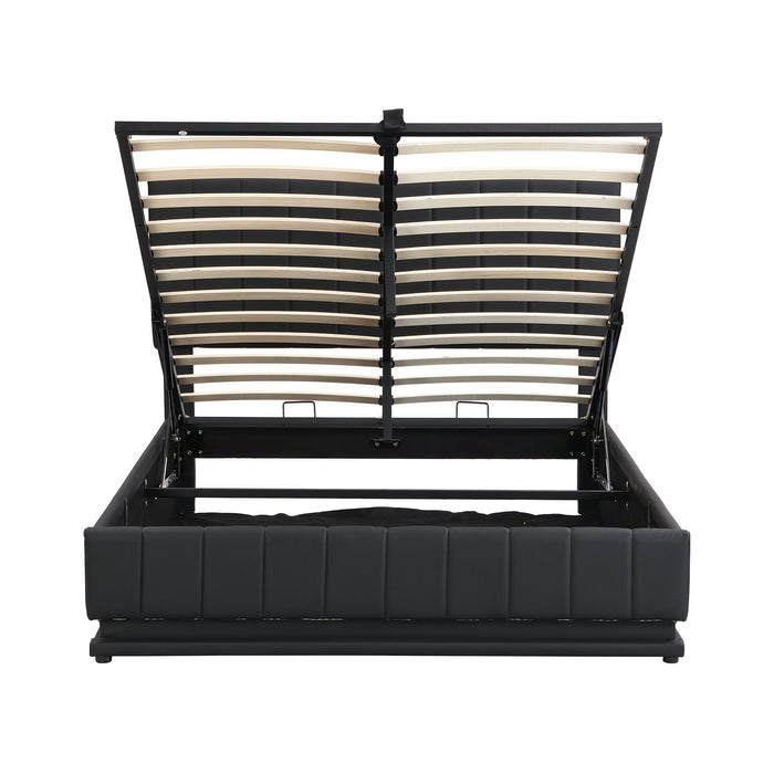 Upholstered Bed With Hydraulic Storage System And LED Light, With Sockets And USB Ports