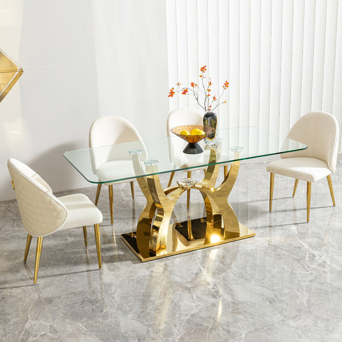 Tempered Clear Glass Rectangular Dining Table With Stainless Steel Base - Gold