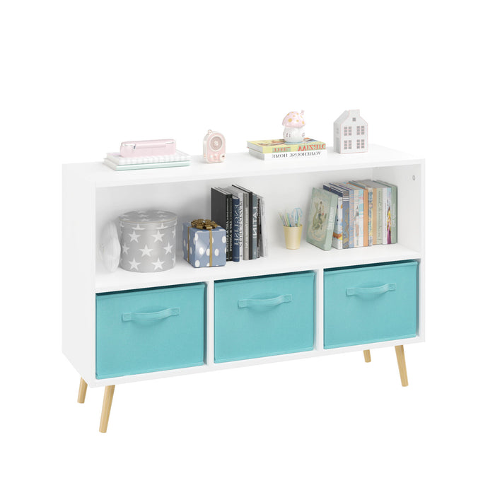 Bookcase With Collapsible Drawers, Book Display Storage Cabinet Organizer - White / Blue