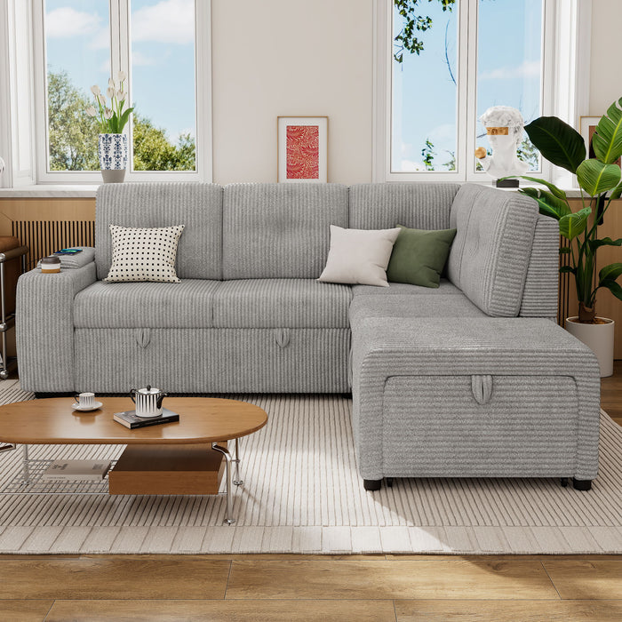 Pull-Out L-Shaped Sectional Sofa With Movable Ottoman And Stool, Large Storage Space, A Cup Holder, And 2 USB Ports For Living Room