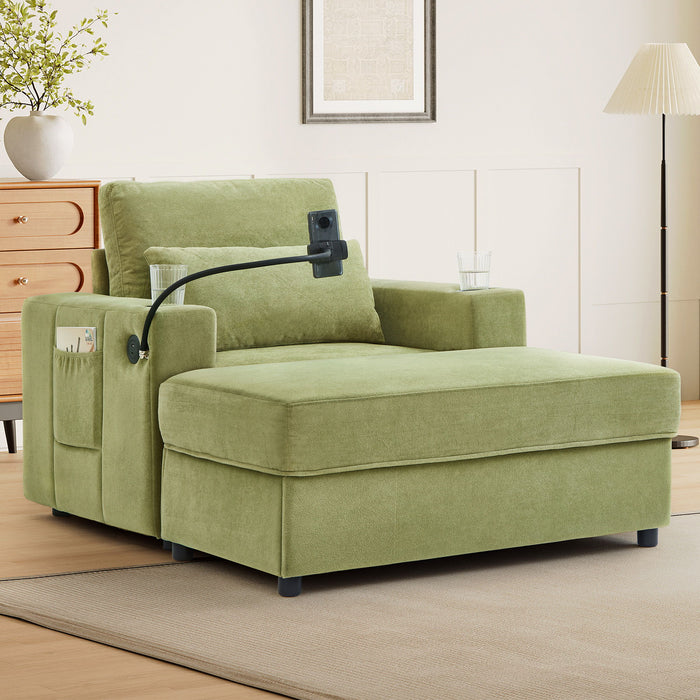 Modern Style Armchair Chaise Lounge Sofa Couch With Movable Storage Ottoman, USB Ports, Cup Holders, Phone Holder, Side Pockets