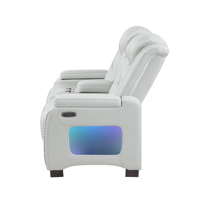 Power Console Loveseat With Power Headrest USB LED And Bookshelf Arms - Gray