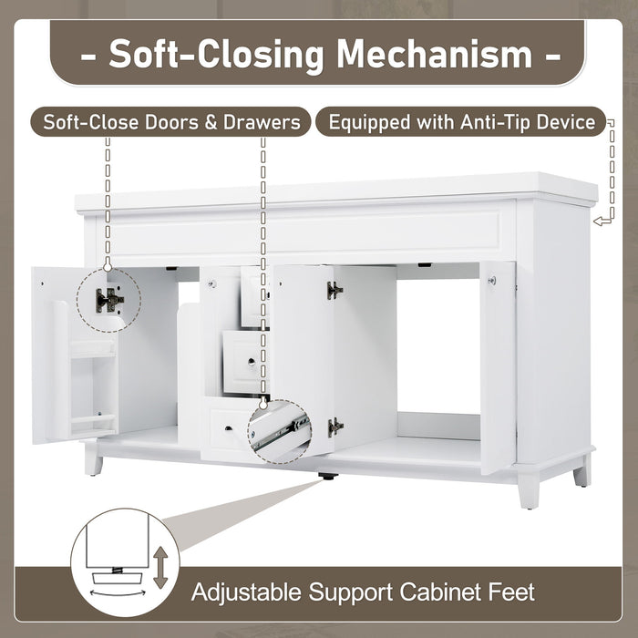 Bathroom Vanity Cabinet Only, 3 Drawers & 4 Doors & Double Layer Shelves - White
