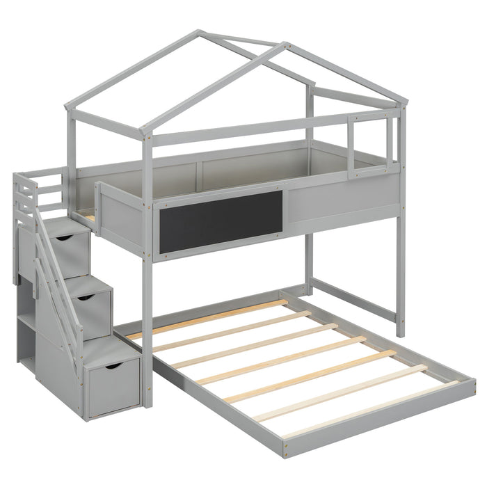 House Style Bunk Bed With Storage Staircase And Blackboard