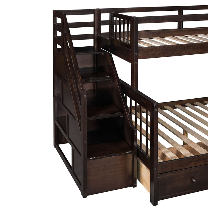 Solid L Shaped Bunk Bed With 3 Drawers, Ladder And Staircase