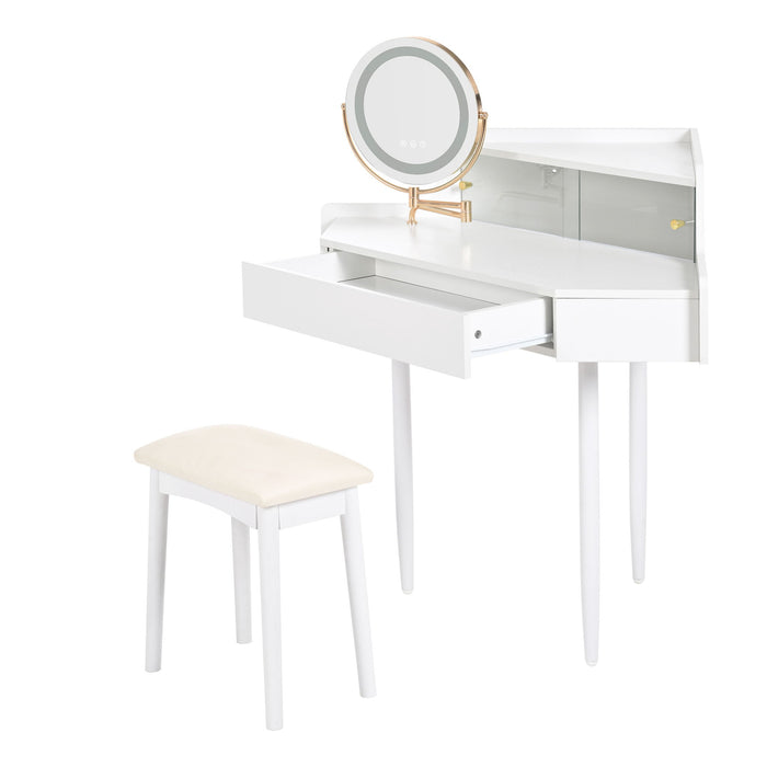 Modern Corner Makeup Vanity Desk With Large Storage, LED Mirror & Stool, Adjustable Brightness, Space Saving - White
