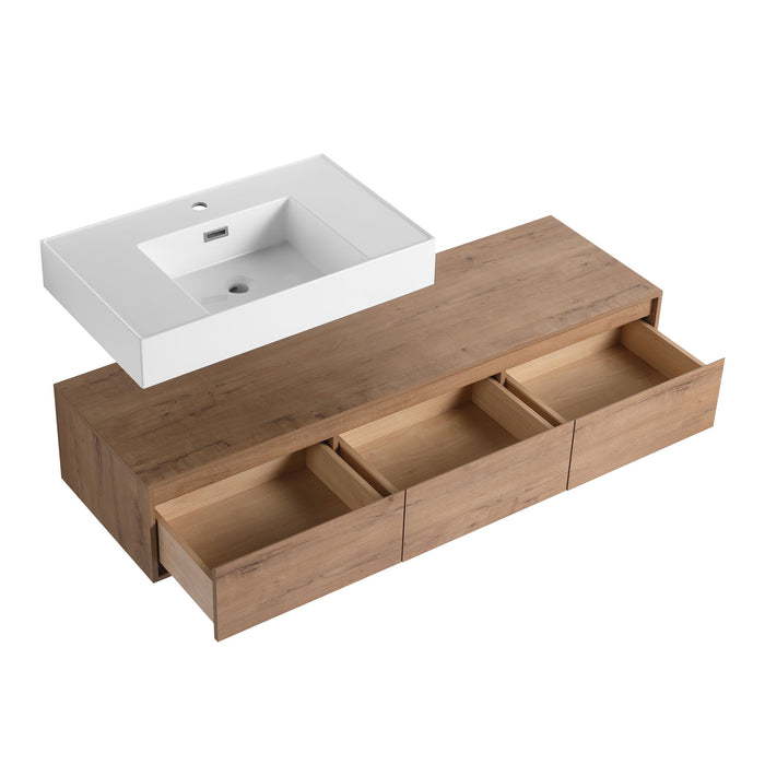 Modern Wall Mounted Bathroom Vanity With Resin Sink And 2 Side Cabinet, Imitative, Construction - Imitative Oak