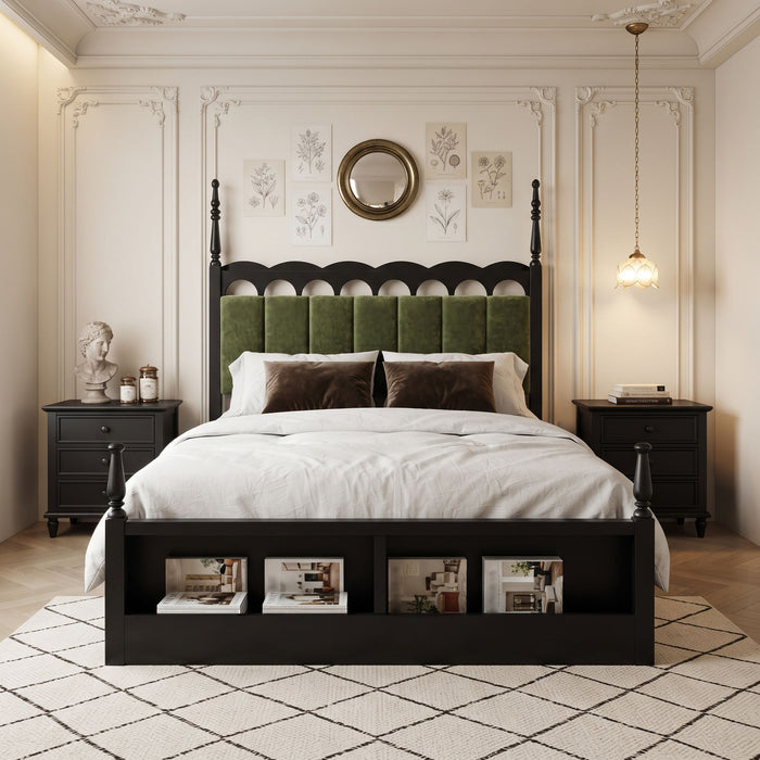 Platform Bed Frame With Tufted Upholstered Scallop Headboard