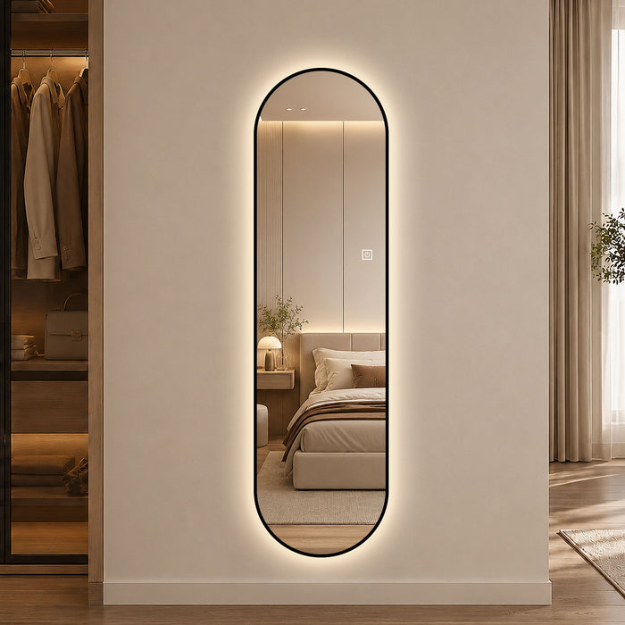 Capsule Shaped Dimmable LED Full Length Wall Mirror With Frame - Silver