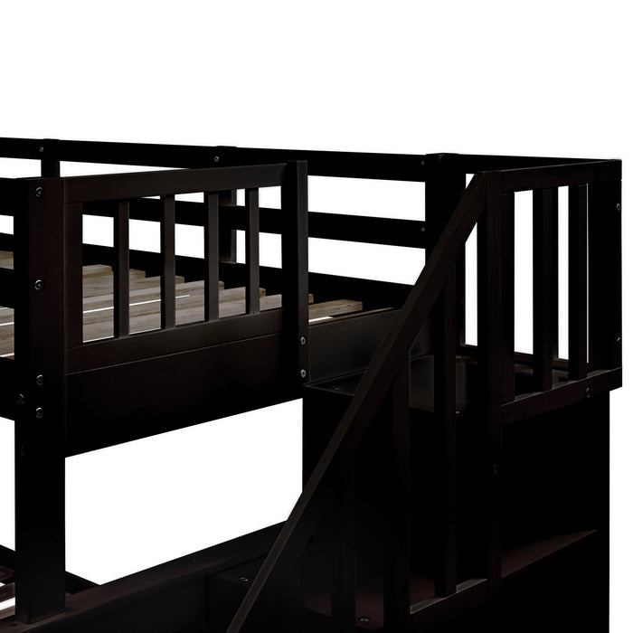 Bunk Bed With Twin Size Trundle, Storage And Guard Rail For Bedroom