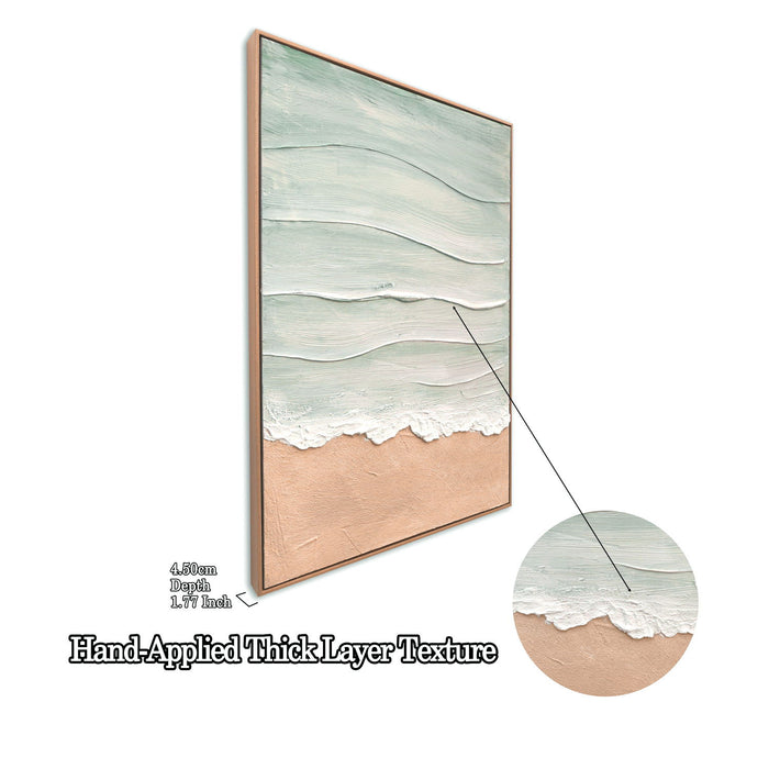 Framed Beach Wall Art, Textured Canvas Painting, Neutral Ocean Decor For Living Room - Beige / Blue