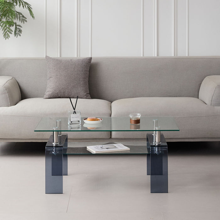 Modern Tempered Glass Coffee Table With 2 Tier Storage For Living Room