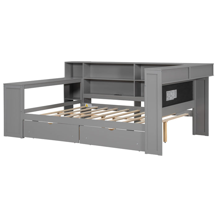 Platform Bed With Storage Shelves, Drawers, Charging Station, LED, Desk