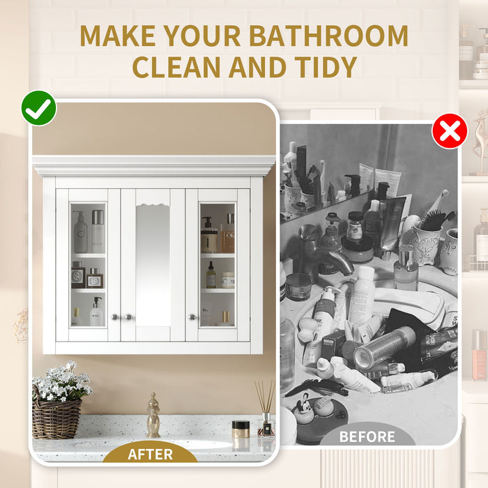 Bathroom Medicine Cabinet With Mirror, 5 Adjustable Closed Shelves, Wall-Mounted - White