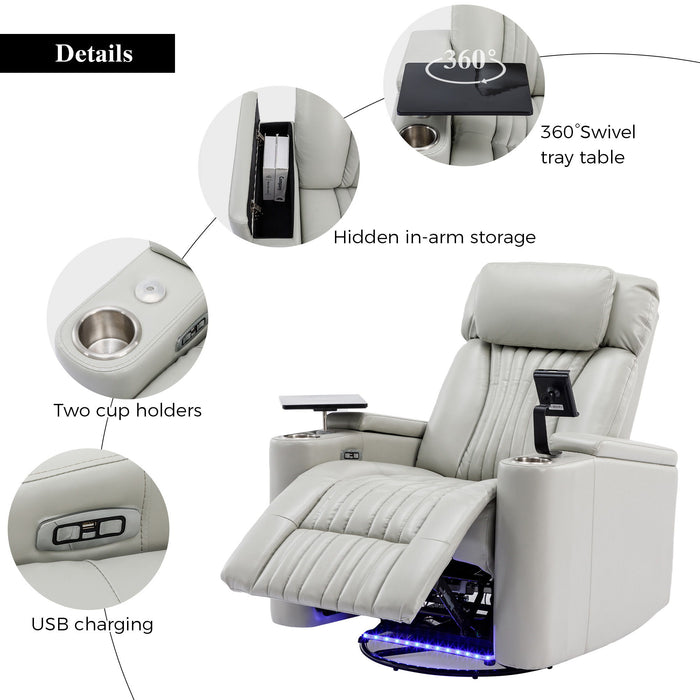 270° Power Swivel Recliner Home Theater Chair With Hidden Arm Storage, LED Light, Cup Holder, And Tray Table