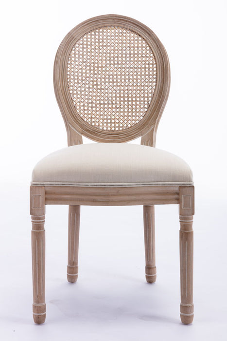 French Style Solid Wood Frame Antique Painting Linen Fabric Rattan Back Dining Chair (Set of 2) - Cream