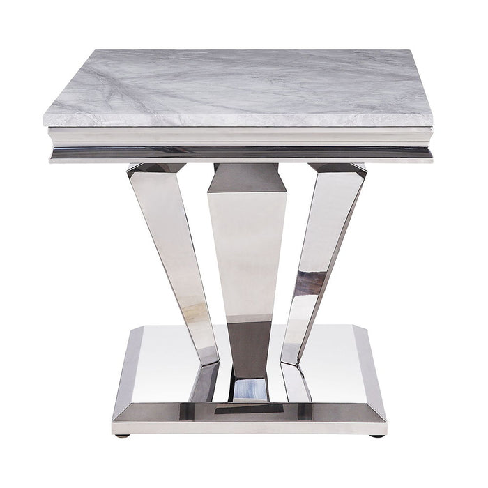 Satinka - End Table - Light Gray Printed Faux Marble Top & Mirrored Silver