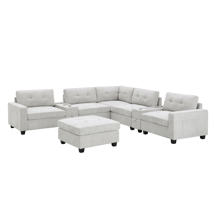 Sectional With Acrylic Table Top U Shaped Couch Set With 2 Consoles USB Charger, Storage Drawers And Pockets Movable Ottoman Tufted Sofa