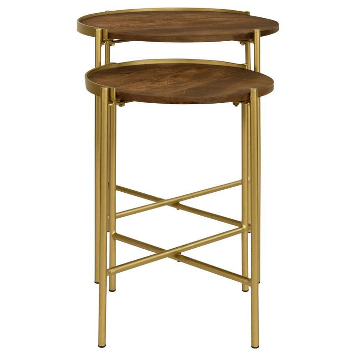 Malka - 2 Piece Round Wood Nesting Table - Dark Brown And Gold