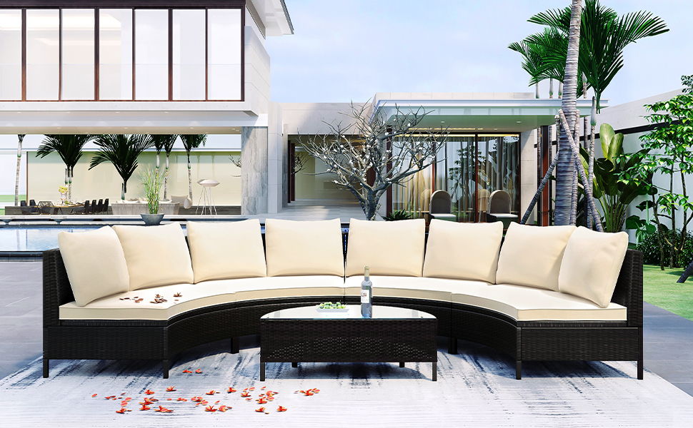 Top max 5 Pieces All-Weather Brown Pe Rattan Wicker Sofa Set Outdoor Patio Sectional Furniture Set Half-Moon Sofa Set With Tempered Glass Table, Beige