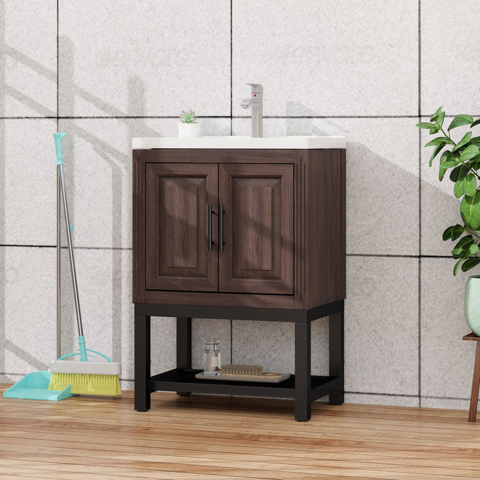 Modern Freestanding Bathroom Vanity With Ceramic Sink, Hot And Cold Faucet, Storage Cabinet & Open Shelf