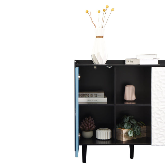 Modern Sideboard Buffet Cabinet With Red Doors And Unique Panel Styling