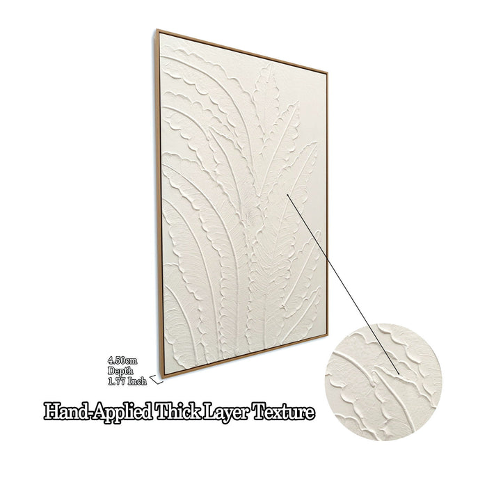Framed Botanical Leaf Wall Art, Thick Textured Canvas Painting, Neutral Decor For Living Room - White