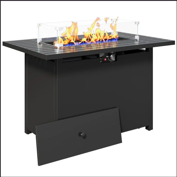 Outdoor 2 In 1 Gas Fire Pit Table With Lid & Glass Shield, Stainless Burner, Lava Rock, Rectangular Design - Black