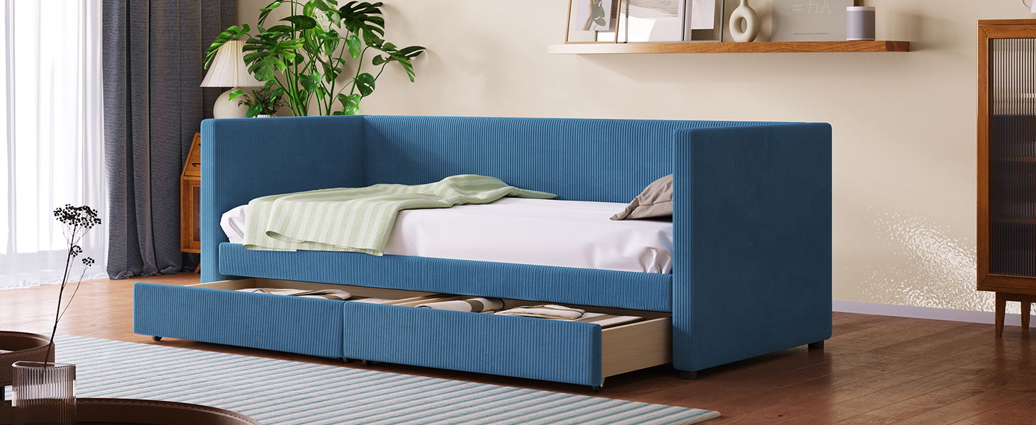 Corduroy Daybed With Two Drawers And Wood Slat