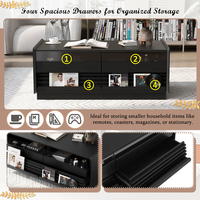 Modern Rectangle Coffee Table With 4 Drawers And 2 Display Shelves