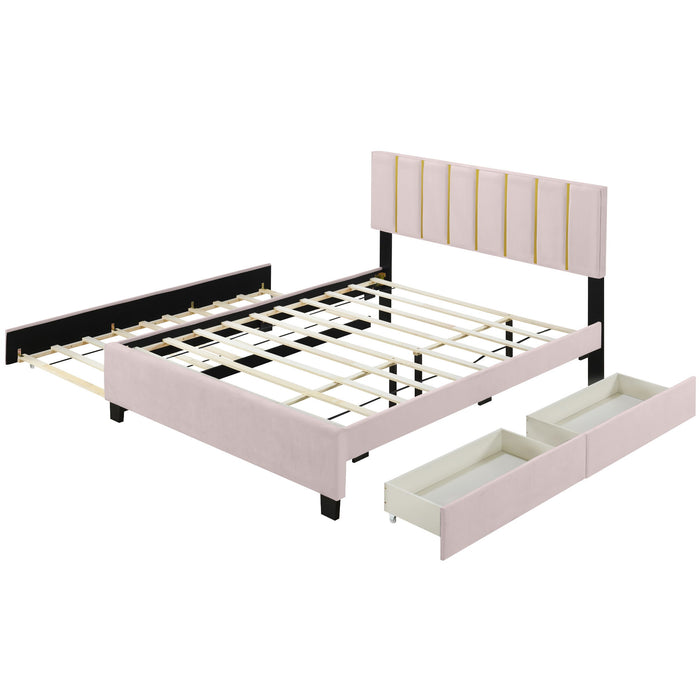 Upholstered Platform Bed With 2 Drawers And 1 Trundle, Classic Strip Headboard Design