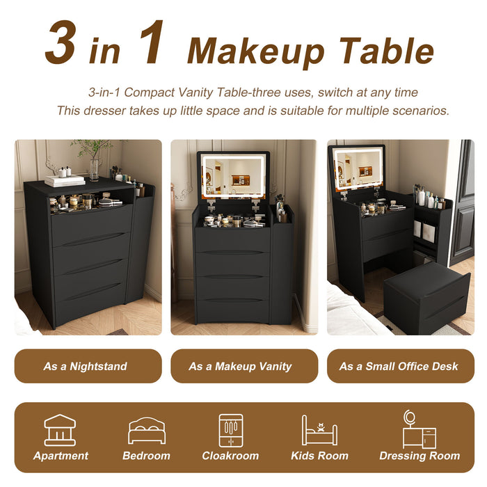 Flip Mirror Vanity Desk With Adjustable LED Lights & Stool For Bedroom