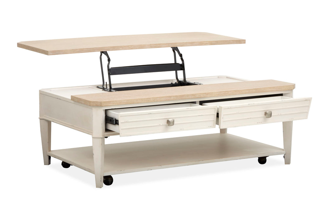 Echo Isles - Lift Top Storage Cocktail Table With Casters - Sea Pearl And Driftwood
