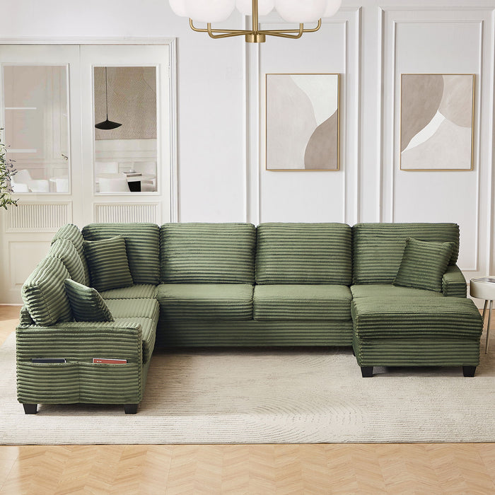 Upholstered U-Shaped Sectional Sofa With Movable Ottoman And Side Storage Pockets