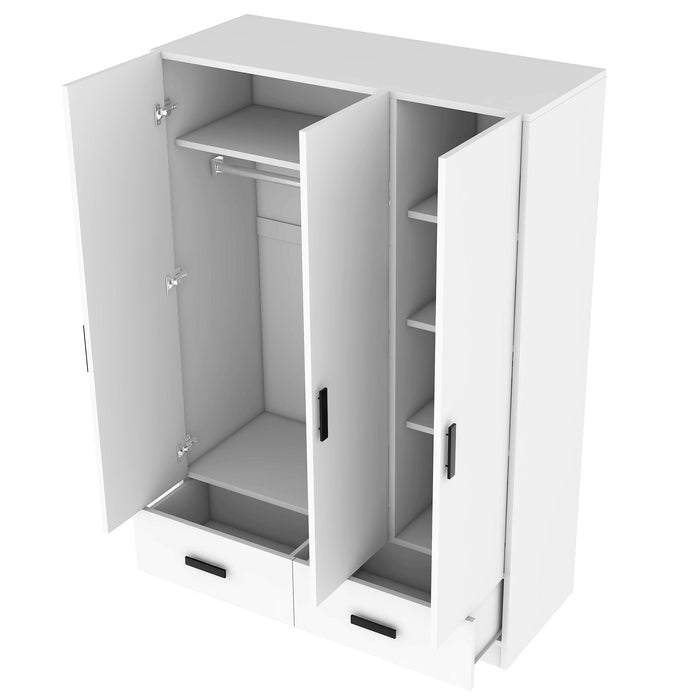 3 Door Wardrobe Closet With Storage Drawers, Shelves And Hanging Rod - White