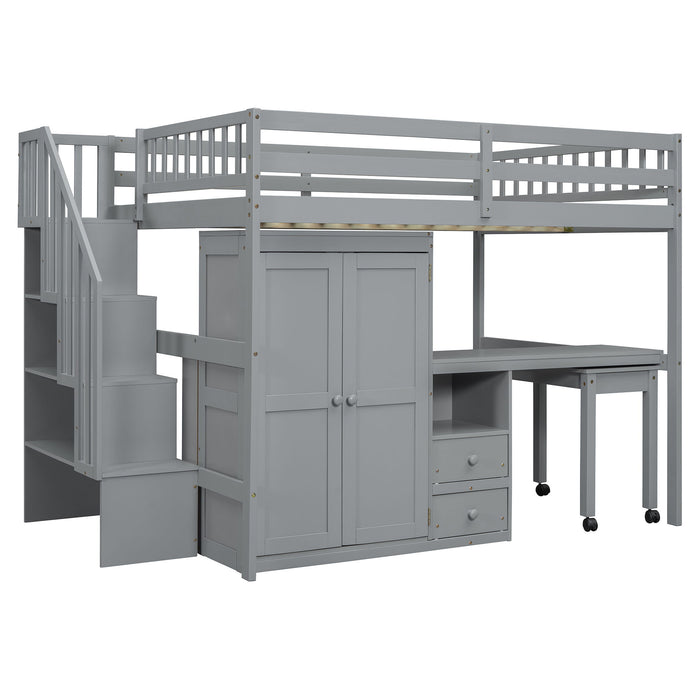Loft Bed With Stairs, Bookshelf, Drawers, Desk & Wardrobe, Space Saving Multifunctional Furniture