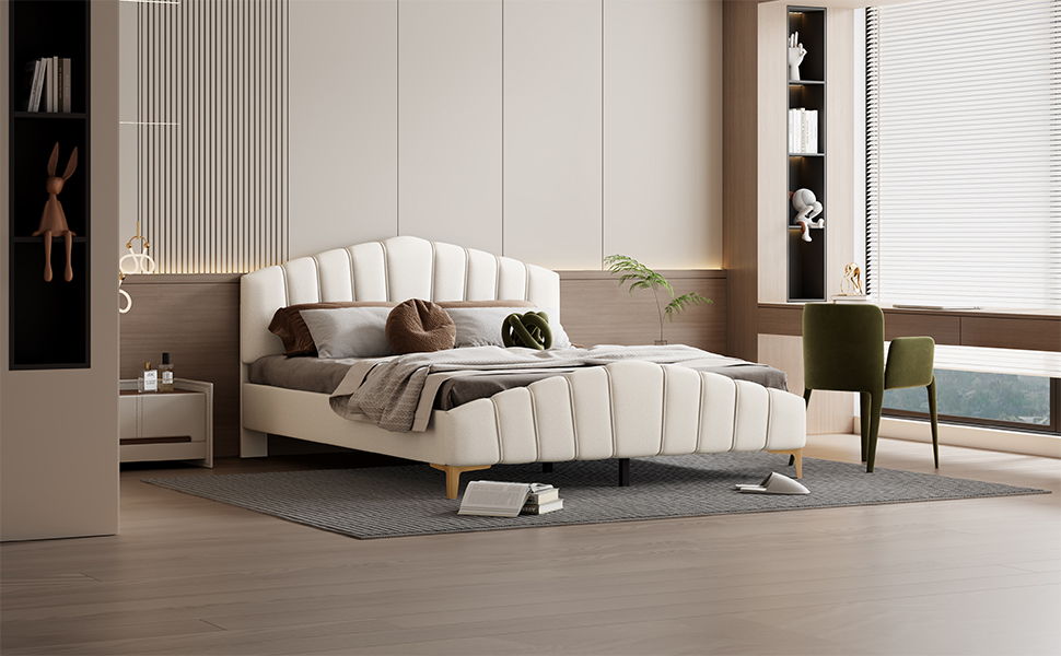 Platform Bed With Thick, Stylish Stripe Decorated Bedboard And Elegant Leg