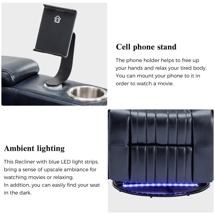 270° Power Swivel Recliner Home Theater Chair With Hidden Arm Storage, LED Light, Cup Holder, And Tray Table