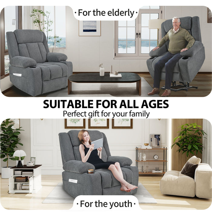 Power Lift Recliner Chair With Extended Footrest, Remote Control, Cup Holders, And Side Pockets