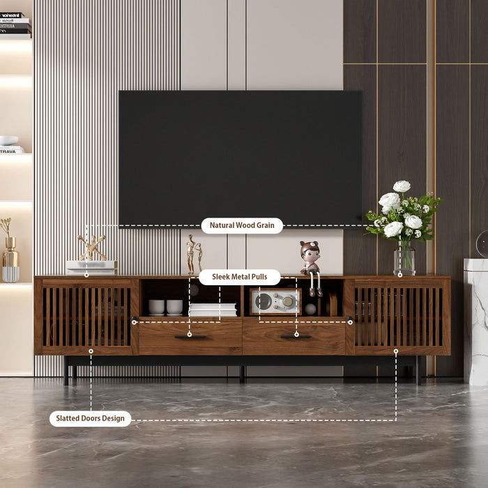 TV Stand, Media Console With 2 Drawers, Soft Closing Slatted Doors, Living Room Entertainment Center - Walnut