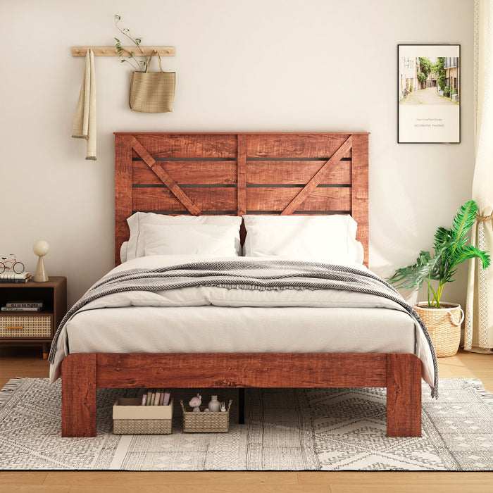 Queen Bed Frame Headboard And Charging Station, Wood Platform Bed, Sturdy And No Noise, No Box Spring Needed, Vintage Brown