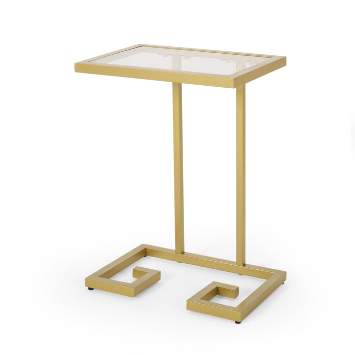 Modern Glam C Shaped End Table With Tempered Glass Top - Gold