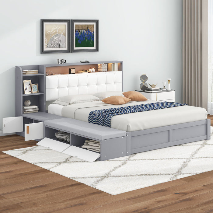 Queen Size Platform Bed Frame With Upholstery Headboard And Storage Shelves And, USB Charging, Gray