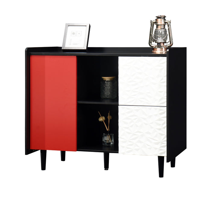 Modern Sideboard Buffet Cabinet With Red Doors And Unique Panel Styling