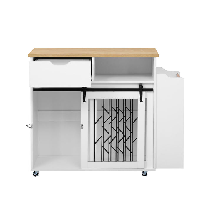 Modern Style 2 In 1 Pet Friendly Dog Crate Kitchen Island End Table Metal Pine - Natural / White