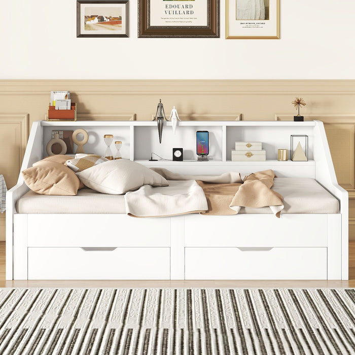 Daybed Frame With Storage Bookcases, 2 Drawers, Charging Station