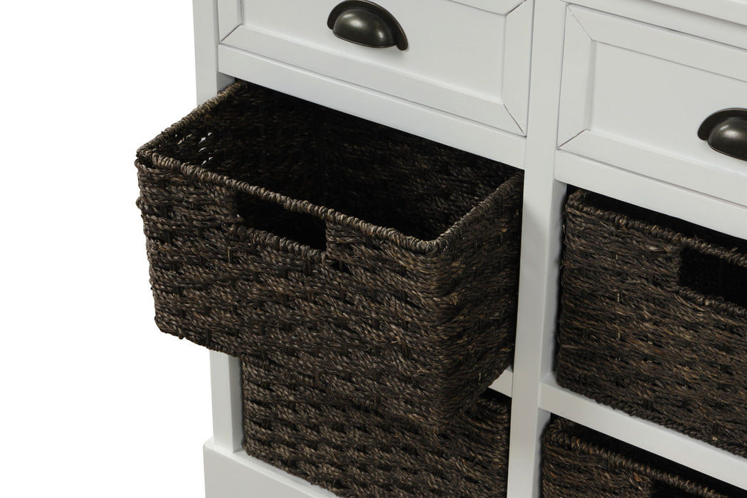 Trexm Rustic Storage Cabinet With Two Drawers And Four Classic Rattan Basket For Dining Room/Living Room (White)