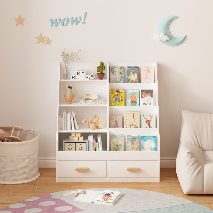 Bookshelf With 2 Storage Drawers, Front Facing Bookcase And Toy Organizer, Multi Tier Reading Shelf - White